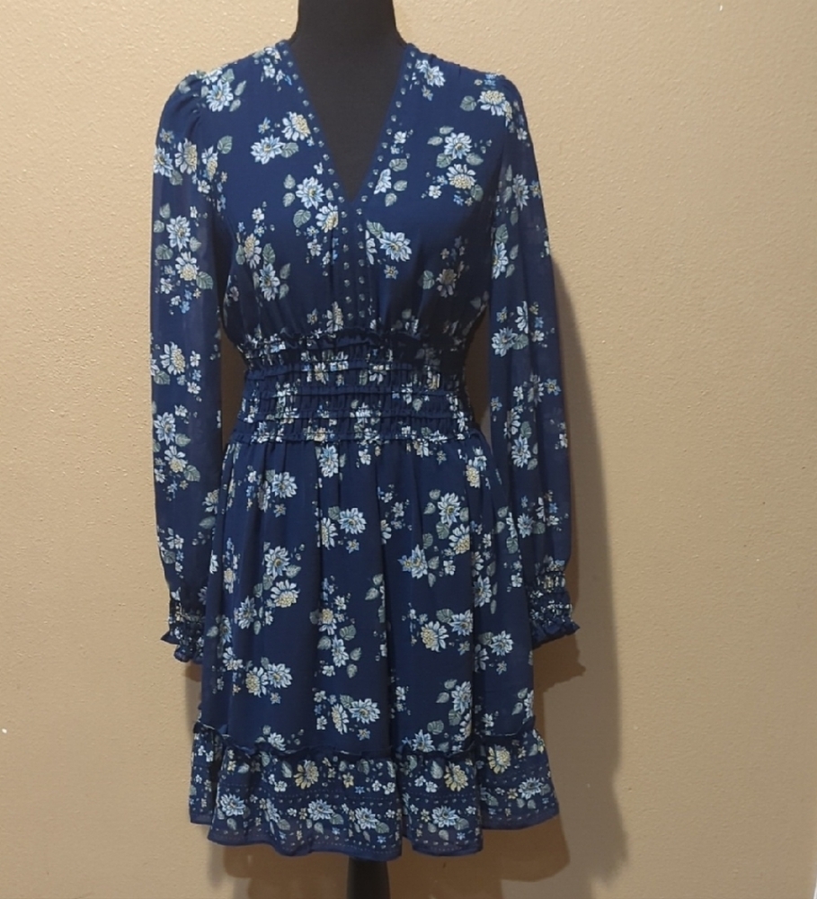 Blue V-Neck Long Sleeve Sundress
